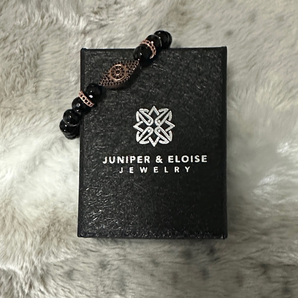 Black Beaded Evil Eye Bracelet with Rose Gold Accents
